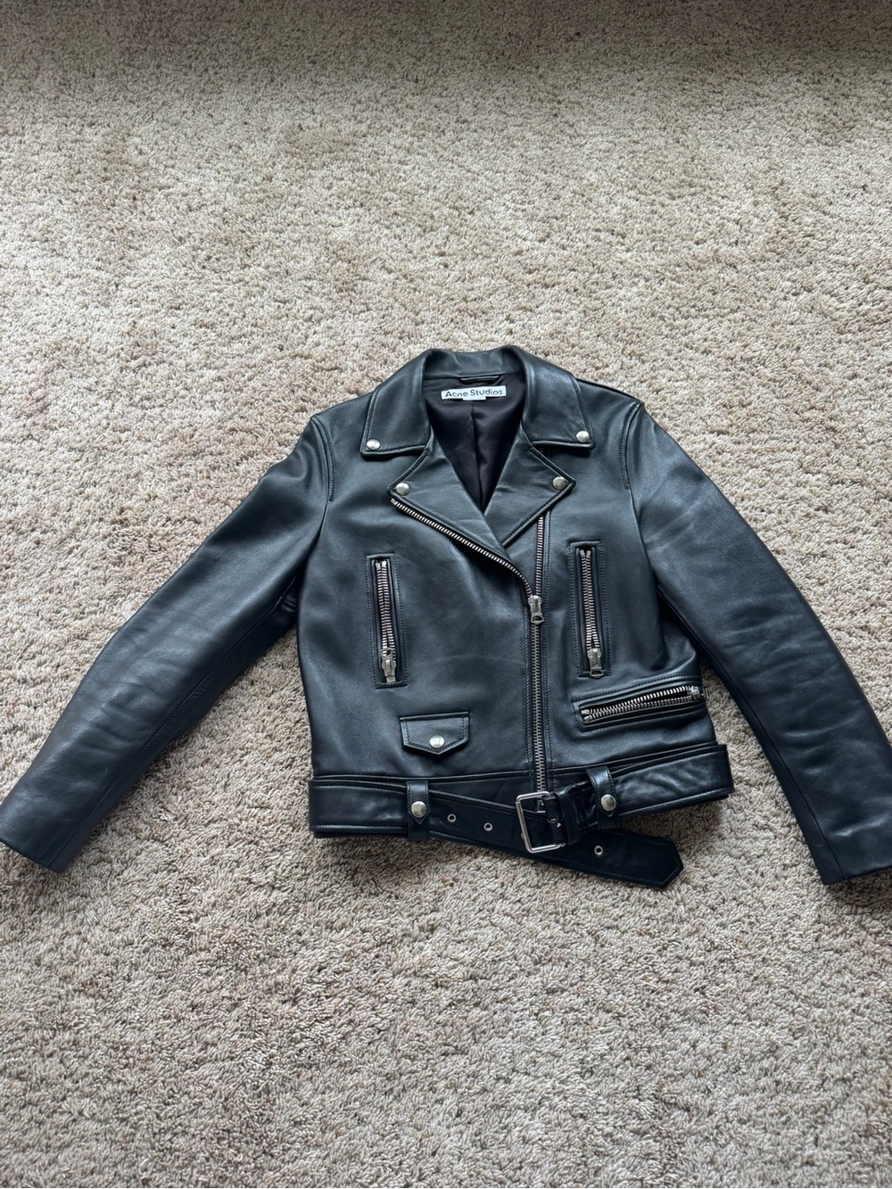 Acne Studios Black Leather Biker Jacket with Silver Hardware - Picture 6 of 8